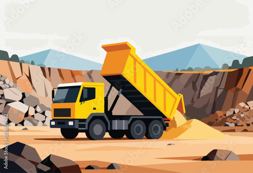 A vibrant illustration depicts a yellow dump truck unloading gravel in a quarry, with rocky terrain and a mountain backdrop