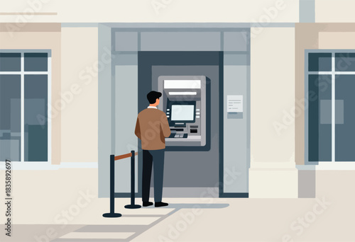 Illustration depicts a person at an ATM outside a light-colored building. There's a queue barrier