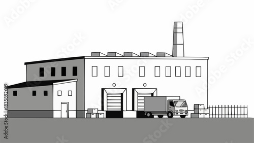 Illustration of a Factory with Truck and Loading Docks.
