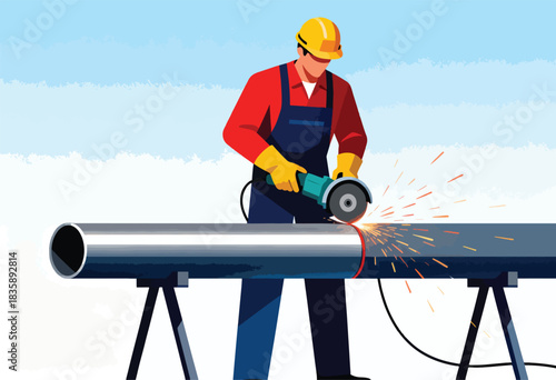 An illustration shows a construction worker in overalls using an angle grinder on a pipe, creating sparks