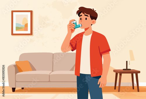 A person uses an inhaler indoors, near furniture. Wall art & decor are present, indicating a home setting