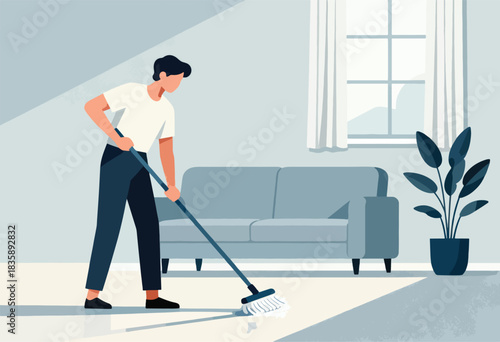 An illustration shows a person mopping a floor. A window, couch, and plant are in the backdrop