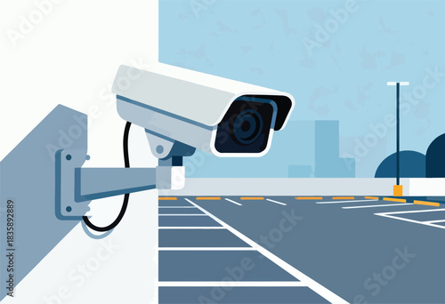 A security camera mounted on a wall overlooks a parking lot, with a streetlight and background buildings