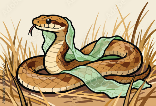 A cartoon snake with green fabric draped over its body and tongue out, amidst brown grass