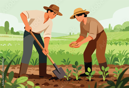 Two farmers are working in a field planting seeds, with green fields, bushes, and trees in the background