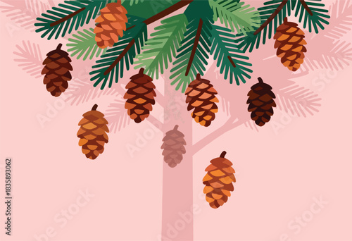 Vector illustration of a tree branch with evergreen needles and hanging pine cones, on a pink background