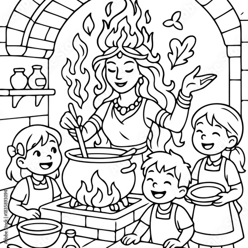 Kitchen Wizardry: A mystical illustration depicts a radiant woman with hair of fire, orchestrating a captivating cooking show for eager children within a rustic kitchen.
