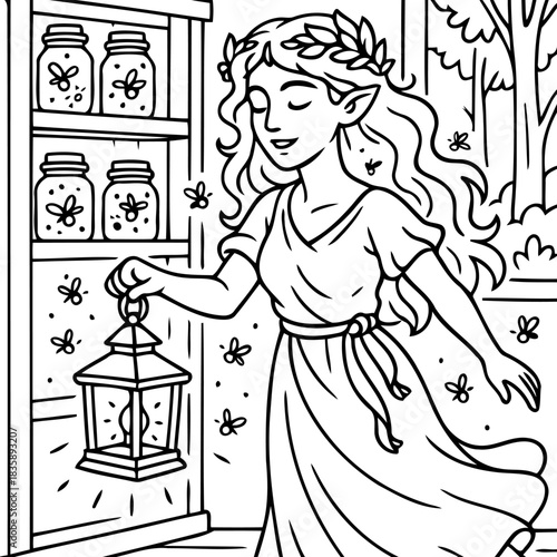 Mystical Fairy with Lantern: An elegant fairy, her hair adorned with a delicate wreath, emerges from a mystical woodland.