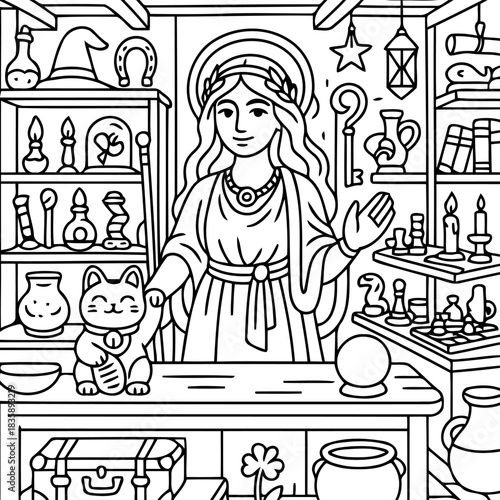 Mystical Shop's Aura: A detailed black and white illustration of a mystical shop, showcasing an array of esoteric items and a central figure, surrounded by symbols of fortune and wonder.