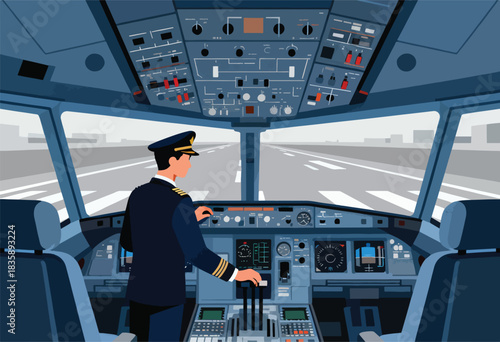 A pilot in uniform in the cockpit, looking out towards the runway as the aircraft is about to land