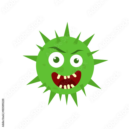 Cartoon Green Virus with Spikes and Angry Expression - Health and Germs Concept