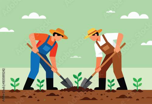 A graphic illustration shows two farmers, planting crops with shovels in a field. Clouds float in a green sky
