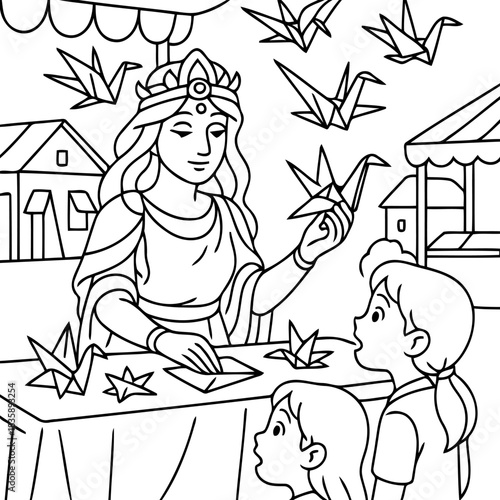 Origami Demonstration: A regal woman demonstrates the art of origami, captivating young spectators with her skillful hands. Paper cranes soar above.
