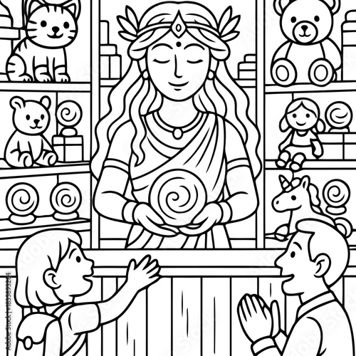 Divine Revelation and Wonder: A scene of reverence unfolds as figures gaze up at a divine entity, her eyes closed in peaceful contemplation, holding a radiant sphere.