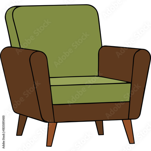 Vintage Armchair With Olive Green Seat And Brown Upholstery And Tapered Wooden Legs Isolated On Black Background