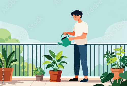 A person waters plants on a balcony with a watering can, surrounded by potted greenery and a view of the sky