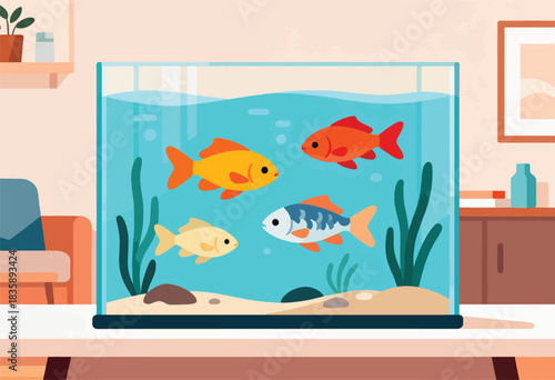 A rectangular aquarium with four cartoonish fish of different colors swims. The scene is in a home setting