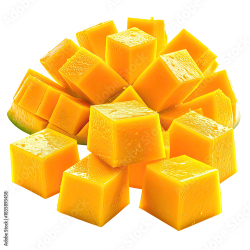 Diced juicy mango with vibrant orange and yellow color. Freshness