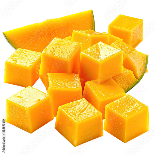 Cut mango bright yellow cubes and slices of tropical fruit on dark backdrop
