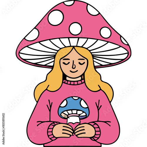 Whimsical blonde woman wearing a large pink polka dot mushroom hat and a pink sweater with a blue mushroom graphic holding a tiny black cat a playful and surreal illustration with a white background