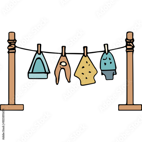 Whimsical Illustration of Assorted Laundry Items Drying on a Clothesline Against a Black Background with Wooden Supports and Rope