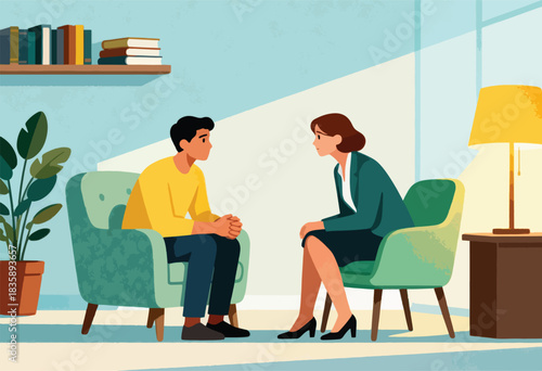 A therapy session scene features two people in armchairs, a plant, a lamp, and a shelf of books