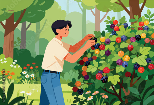 A person picks berries from a bush in a sunlit garden, surrounded by trees and flowers