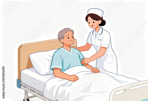 A nurse in white uniform comforts an elderly patient lying in bed. Soft illustration style