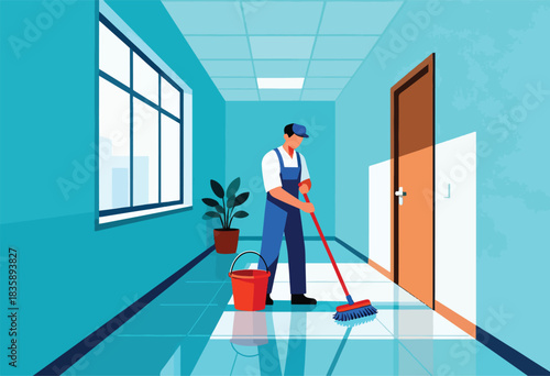 A janitor mops a brightly lit hallway with a window, a door, a plant, and a red bucket