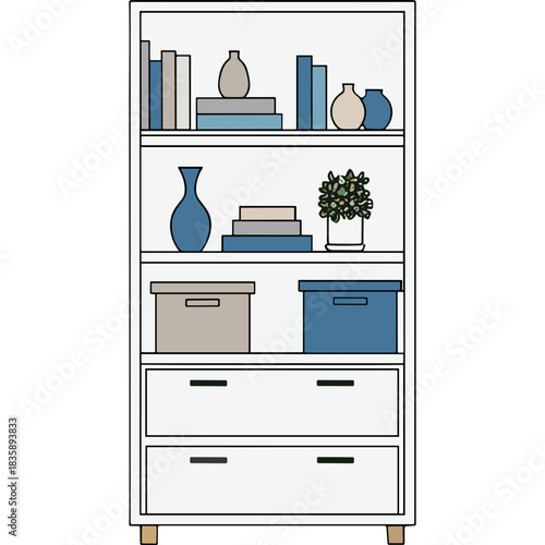 White Wooden Bookshelf Filled With Various Decorative Items Including Blue Vases Books Plants And Storage Boxes In A Clean Room Setting