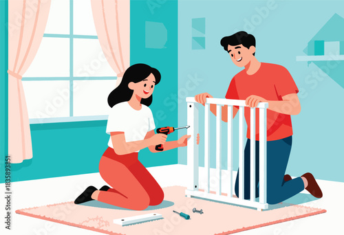 Cartoon depicts a couple assembling a crib indoors. One drills while the other helps. White window, turquoise wall, and pink rug