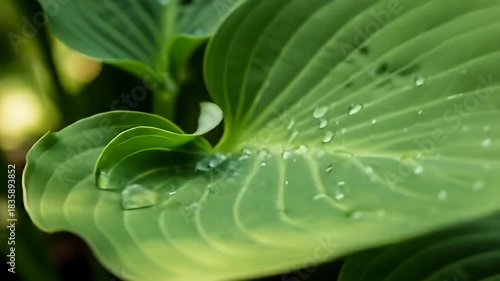 Dewy, lush green hosta leaf with water droplets in a close-up, blurred garden setting