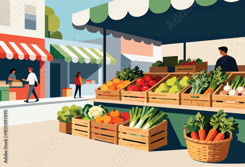 A vibrant, stylized illustration depicts an outdoor market filled with fresh produce, bustling with customers