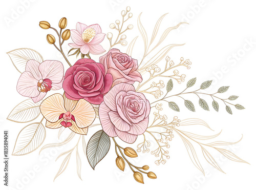Elegant floral arrangement featuring pink roses and orchids with delicate golden line art foliage isolated on white.