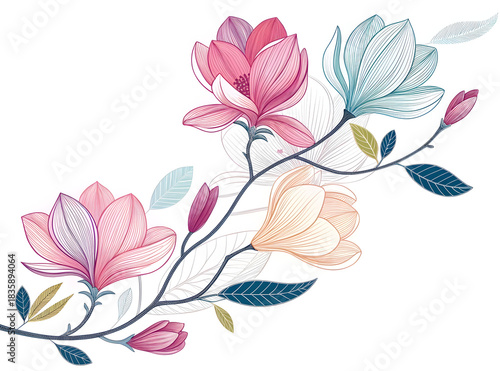 Elegant floral vector illustration of colorful magnolia flowers and buds on winding branches for wedding invitations