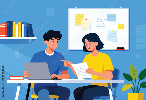 Two individuals collaborate at a desk, reviewing paperwork. A whiteboard with notes and a plant are nearby