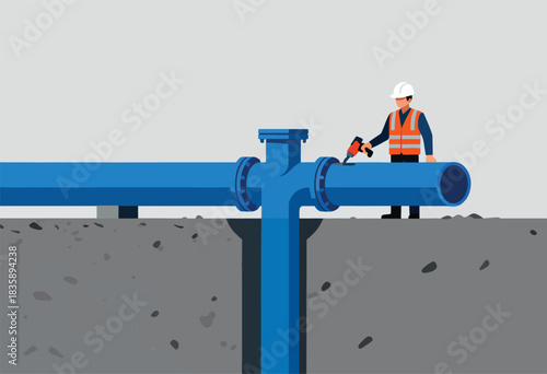 A worker in a safety vest repairs a blue pipeline underground with a drill. The illustration has simple, flat style