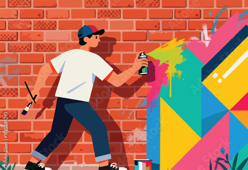 A person with a spray can and paintbrush creating colorful geometric art on a brick wall