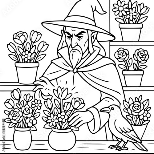 The Wizard of Flowers: An elderly wizard, deep in contemplation amidst a vibrant assortment of potted flowers, creating a whimsical and enchanting atmosphere.