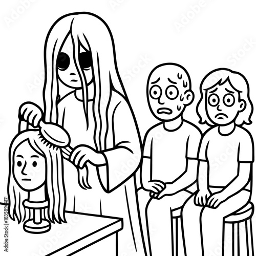 Ghostly Salon: An eerie illustration depicts a haunting scene in a salon setting, where a spectral figure meticulously styles the hair of a mannequin head.