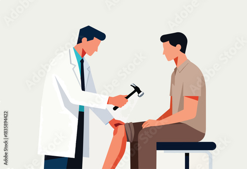 Doctor in a white coat using a reflex hammer on a patient's knee in a clinical setting