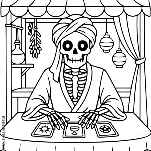 Mystical Oracle's Revelation: An eerie skeletal figure, adorned in traditional attire, gazes intently at Tarot cards laid out before him, embodying mystery and fate. 