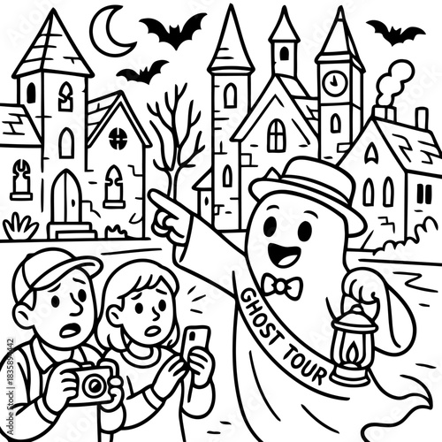 A Whimsical Ghost Tour: A friendly ghost leads a pair of intrigued tourists on an adventure, pointing toward a spooky town filled with mysterious buildings. A spooky scene for fun tourism.