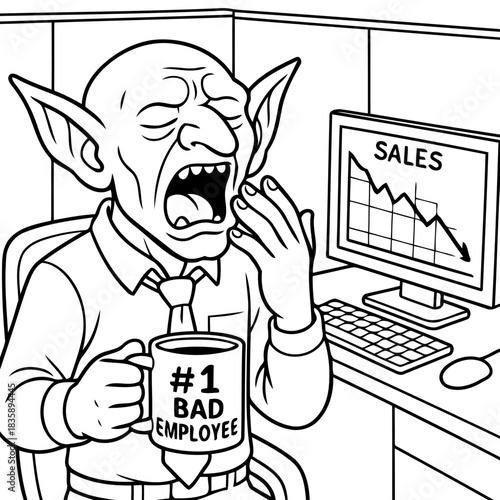 Office Boredom: A depiction of a grumpy individual slacking at their desk, illustrating workplace ennui and declining sales, offering a satirical view of employee apathy.