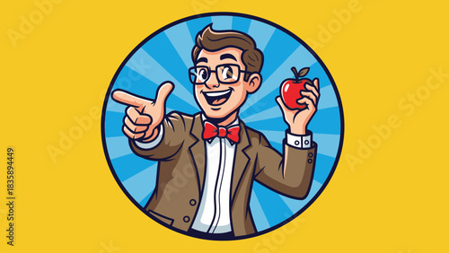 Smiling male teacher pointing with a red apple in hand