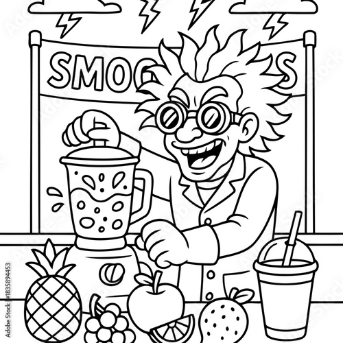 Smoothie Scientist's Creation: An eccentric scientist, fueled by scientific curiosity, expertly blends a colorful array of fresh fruits to craft a vibrant smoothie, ready to be enjoyed