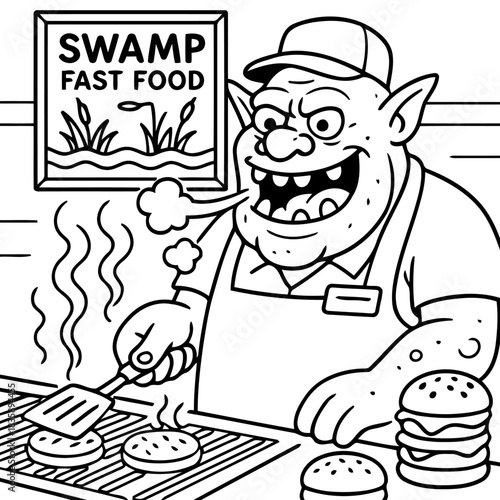 Swamp Fast Food Chef at Work: A quirky and slightly monstrous chef, positioned behind a grill, is busily preparing burgers in a bustling fast-food environment.