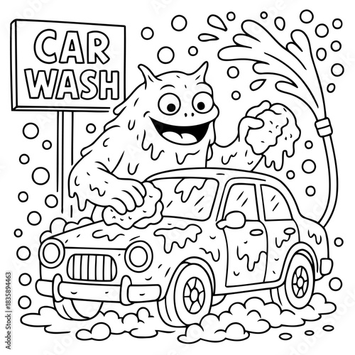 Monster's Car Wash Fun: An amusing illustration depicts a friendly monster enthusiastically washing a car at a car wash, with water splashing and bubbles everywhere. Capturing playful car care spirit.
