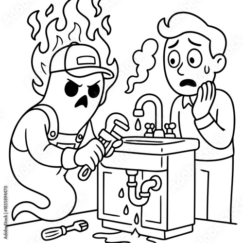 Plumbing Nightmare: A comical illustration depicts a frantic homeowner facing a plumbing catastrophe, as a ghostly plumber struggles to fix a leaky sink. The scene.