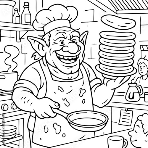 Whimsical Chef Serving Pancakes: A jovial chef, his face alight with merriment, expertly flips a pancake, preparing a stack of golden treats, creating a delicious visual.